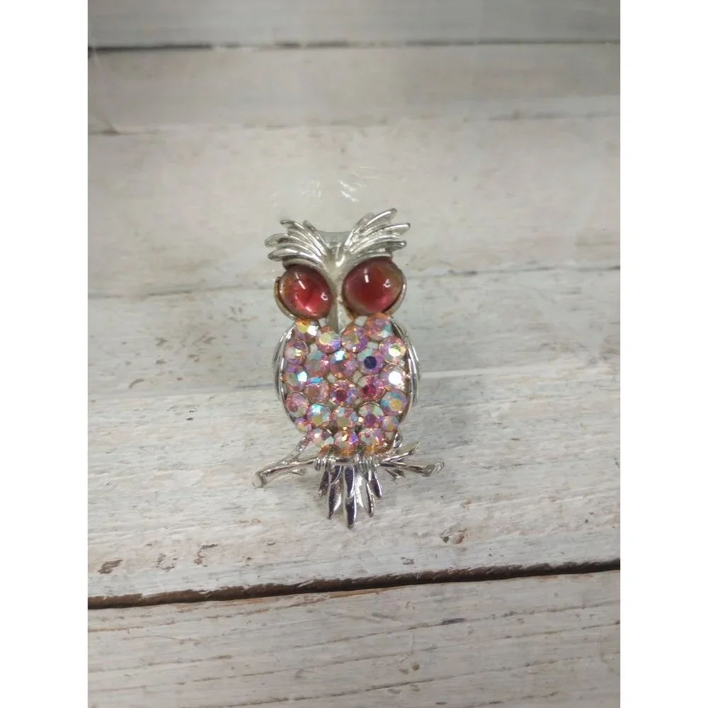 Vintage Silver Tone Rhinestone Pink Stone Owl Bird Brooch Pin Kitsch Boho Granny